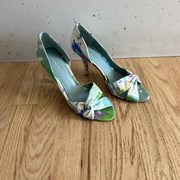 Nine West Floral Print Heeled Sandal Twist Front Women's Shoes Size 7.5M Green - Picture 2 of 8